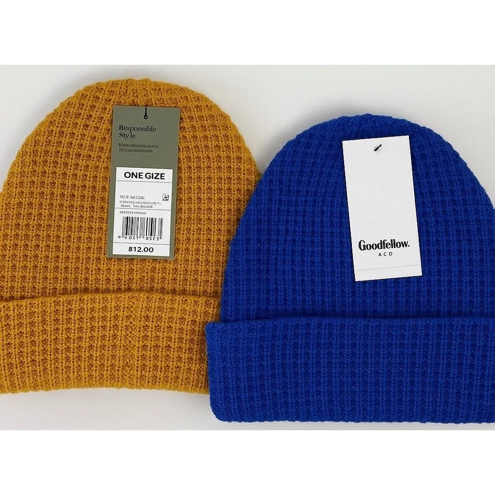 Lot of 2 Goodfellow Mens Recycled Polyester Waffle Knit Beanie Hat Blue& Mustard